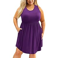 Plus Size Summer Sleeveless Sundress Women Casual Crewneck Flowy A-Line Dresses Knee Length Tank Dress with Pockets