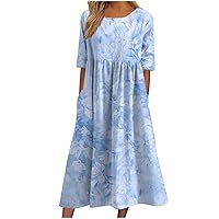 Summer Dresses for Women 2024 Short Sleeve Floral V Neck Midi Dress Fashion Button Loose Casual Flowy Beach Dresses