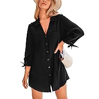 CUPSHE Women's Cover Up Shirt V Neck Swimsuit Button Down Casual Tunic Beach Coverups Black, XL