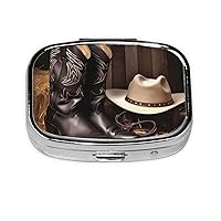 Cowboy Black Hat Western Boots1 Print Pill Box 2 Compartment Small Pill Case with Mirror Pill Organizer Portable Medicine Pillbox for Travel Pocket Purse