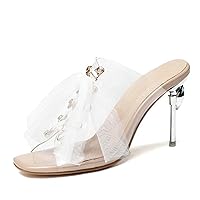 Clear Heels for Women Strappy Square Open Toe Heel Sandals Slip On Dating Evening Sandals