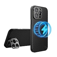Shockproof Case for iPhone 15 Pro Max/15 Pro, Ultra Thin Carbon Fiber Cover with Lens Kickstand Protection Support Wireless Charging Case,Black,15 Pro 6.1''