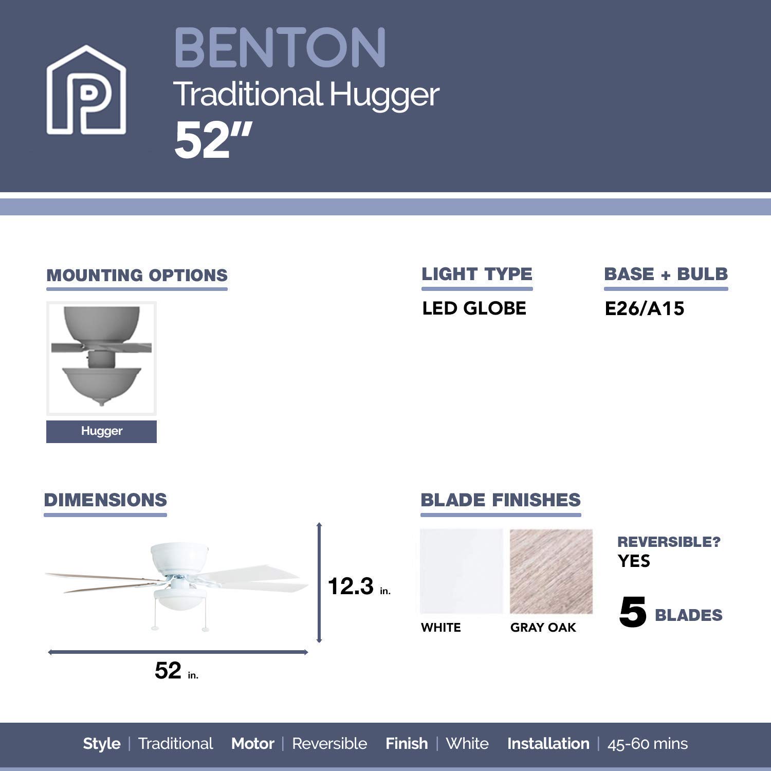 Prominence Home Benton, 52 Inch Traditional Flush Mount Indoor LED Ceiling Fan with Light, Pull Chains, Dual Finish Blades, Reversible Motor - 50852-01 (White)