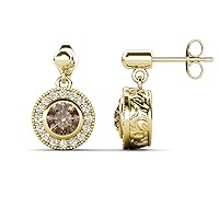 Round Smoky Quartz & Natural Diamond 1.52 ctw Halo Drop and Dangle Earrings 14K Gold