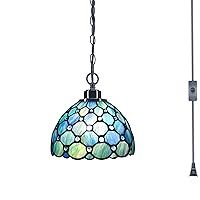 Small Tiffany Pendant Light Plug in Stained Glass Swag Lamp 8X8X181 Inch Hanging Lamp (Sea Blue Pearl, for Dining Room Living Room