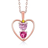 18K Rose Gold Plated Silver Pink Moissanite Pink Created Sapphire and Yellow Sapphire Pendant Necklace For Women (1.01 Cttw, Gemstone Birthstone, Heart 5MM and 4MM, with 18 Inch Silver Chain)