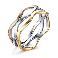 Fashion Stainless Steel 3 Tone Hollow Filigree Wave Statement Ring, Party Cocktail Rings Wide Band for Women Girls