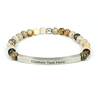 Personalized Bracelets for Women Men Couple,18K Gold Plated Stainless Steel Bar Custom Engraved Name Message Quotes Natural Gemstone Beaded Stretch Bracelet