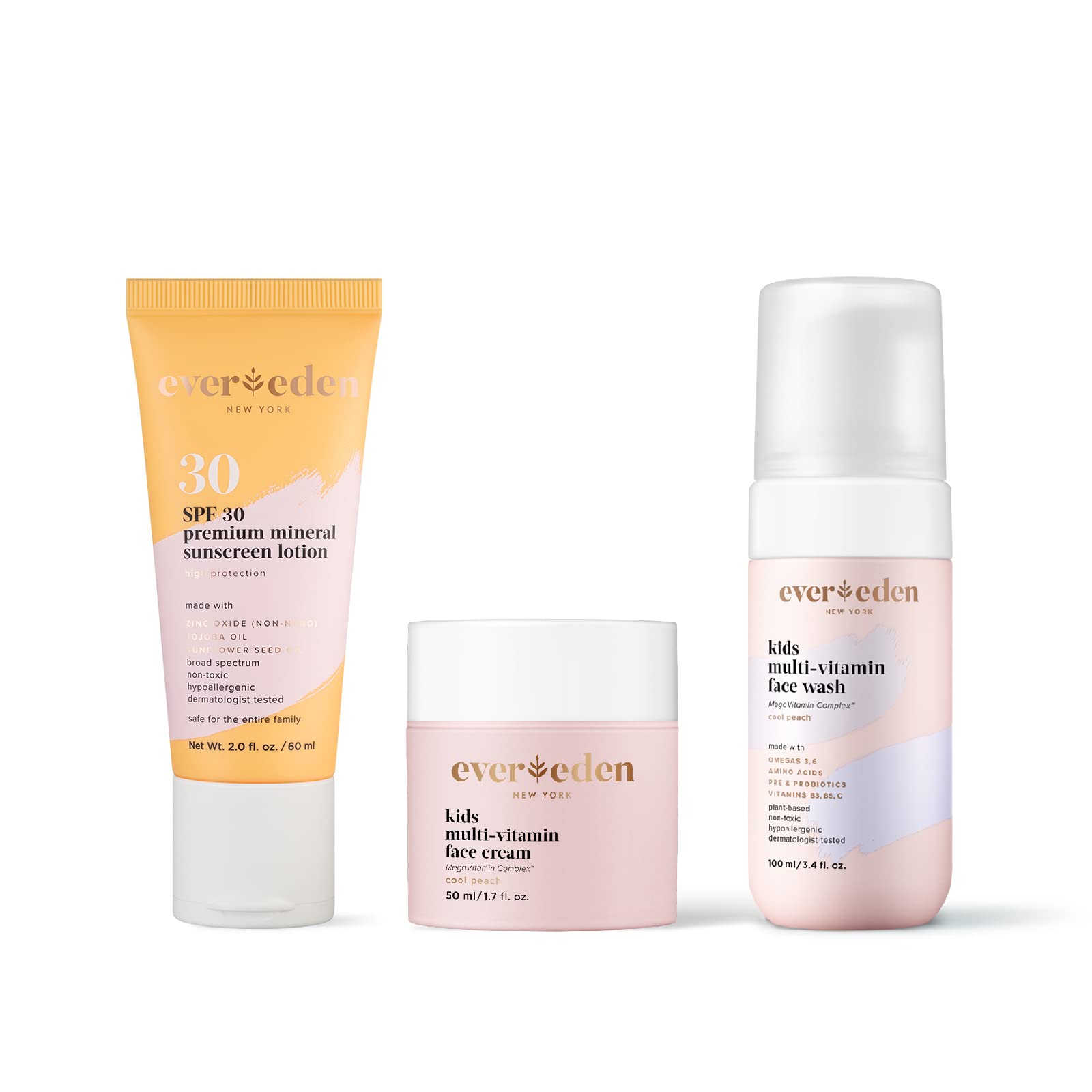 Evereden Premium Baby Sunscreen SPF 30, 2 fl oz, Evereden Kids Face Cream: Cool Peach, 1.7 oz. & Evereden Kids Face Wash: Cool Peach, 3.4 fl oz. | 3 Item Bundle Set | Clean & Natural Skincare