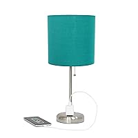 LT1144-TEL Sleek and Slender Brushed Steel Table Lamp with Charging Outlet, for Bedroom, Living Room, Entryway, Office, Dining Room, Study, Teal Shade