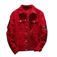 Distressed Denim Jacket Men Denim Jacket Ripped Slim Jean Jacket Coat Solid Color Button Down Trucker Jackets
