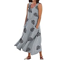 Women's Fashion Casual Solid Colour Sleeveless Cotton Linen Pocket Dress