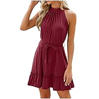 Deal of The Prime of Day Today Women Halter Dresses Summer Ruffle Tiered Layered Sundress A Line Swing Mini Dress Sleeveless Tie Waist Dress Vacation Clothes Women