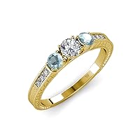 Diamond and Aquamarine Milgrain Work 3 Stone Ring with Side Diamond 0.85 ctw in 14K Yellow Gold