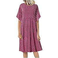 Dress for Women 2024 Short Sleeve Summer Dresses Crew Neck Loose Fit T Shirt Dress Polkadot Dot Print Knee Length Dress