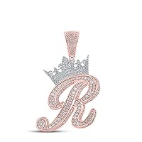 The Diamond Deal 10kt Two-tone Gold Mens Round Diamond Crown R Letter Charm Pendant 1-7/8 Cttw
