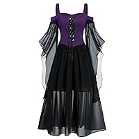 Women Plus Size Long Dress Cold Shoulder Butter Fly Sleeve Dress Lace Up Halloween Solid Color Splicing Elegant Dress