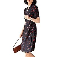 Women's Summer Dress,A-Line Mulberry Silk Short Sleeve Korean Slim Printed Mid-Length Dress