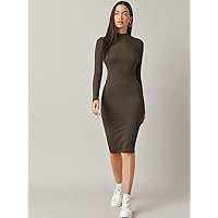 Women's Dress Stand Collar Bodycon Dress (Color : Coffee Brown, Size : Small)