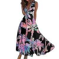 Women's Dresses 2024 Floral Print V-Neck Sleeveless Long Dress Summer, S-3XL