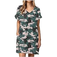 Women's Casual Loose-Fitting Summer V-Neck Trendy Glamorous Dress Swing Print Short Sleeve Knee Length Beach Flowy Green