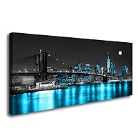 Aibonnly Wall Art Canvas Painting Black White and Blue New York Brooklyn Bridge 1 Piece Cityscape Night Building Picture Poster Print Framed for Living Room Bedroom Kitchen Office Home Decor