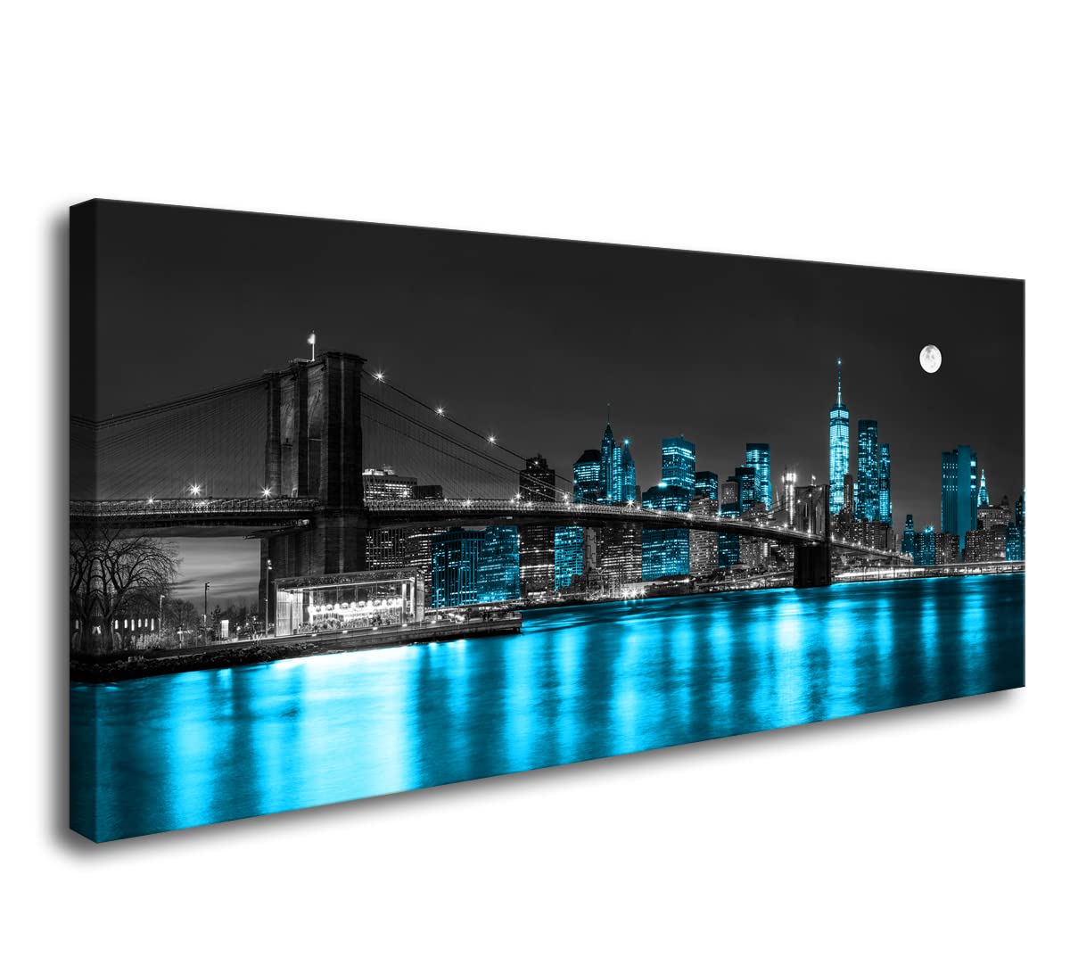 Aibonnly Wall Art Canvas Painting Black White and Blue New York Brooklyn Bridge 1 Piece Cityscape Night Building Skyline Picture Poster Print Framed for Living Room Bedroom Kitchen Office Home Decor