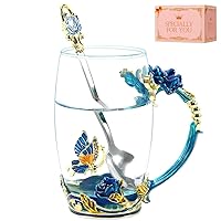 Birthday Gifts For Women,Butterfly Flower Glass Tea Cup Sky Blue Rose Coffee Mug For Women Mom Wife Sister Coworker Female Friend on Anniversary Christmas Mothers day Presents