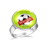 Green Soccer Ball Football Adjustable Rings for Women Girls, Stainless Steel Open Finger Rings Jewelry Gifts
