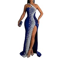 Womens Sexy Slant Shoulder Rhinestones Sequins Sleeveless Bodycon Split Party Clubwear Prom Long Dress