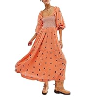 Women's Floral Embroidered Maxi Dress Puff Long Sleeve Square Neck Smocked Tiered Ruffle Dress Boho Flowy Long Dresses