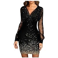 Formal Dress, Wedding Guest for Women 2024 Spring Trendy V-Neck Bright Flash Outfits Going Bodycon Mini Dress Square Short Sleeve Dresses Easter Bodycon Dresses Casual (L, Gold)