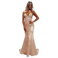 Maxianever Plus Size Lace Bodycon Sequin Mermaid Prom Dresses Long Sparkly Spaghetti Straps Formal Evening Gowns Backless Champagne US20 Plus