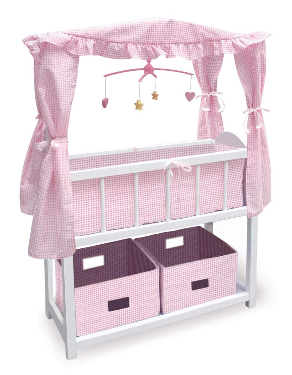 Badger Basket Toy Doll Bed with Storage Baskets, Gingham Bedding, and Musical Mobile for 22 inch Dolls - White/Pink