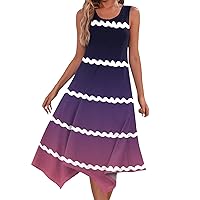 Women Dresses Summer Sundresses for Women 2024 Striped Print Casual Fashion Patchwork Slim with Sleeveless Round Neck Swing Dress Purple XX-Large