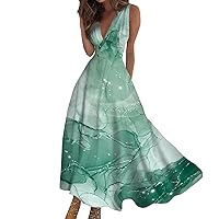 Womens Summer Dress 2024 Floral Print Sleeveless V Neck Dresses Plus Size Elegant Beach Casual Maxi Dress