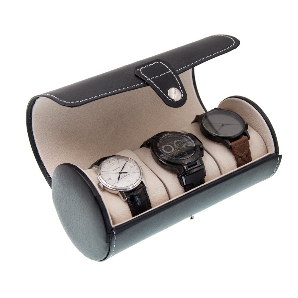 MGS AWP-3 Travel Watch Organizer Watches Case Leatherette Roll Watch Storage Pouch Jewelry Box 3-Slots (Black)