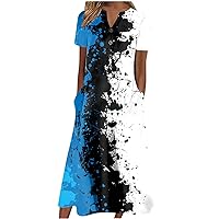 Dresses for Women 2024 Half Sleeve Pocket Maxi Dress Button Down Floral Printed Dresses V Neck Comfy Beach Dress