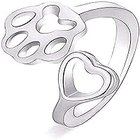 shanzuofeng Dog Paw Love Heart Adjustable Open Ring Cute Puppy and Cat Claw Ring Jewelry for Woman and Girls (Silver)