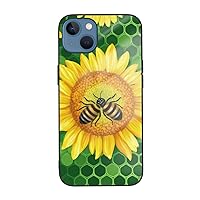 Cute Bee & Sunflowers Printed Case for iPhone 13 Mini Case, Tempered Glass Shockproof Phone Case Cover for iPhone 13 Mini 5.4 Inch, Not Yellowing