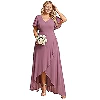 Ever-Pretty Women's Summer V Neck High Low Chiffon Plus Size Curvy Semi Formal Wedding Guest Dresses with Sleeves 1749-DAPH