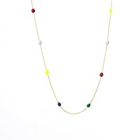 14K Solid Gold Multicolored Rainbow Necklace, Colourful Beaded Necklace, Dainty Chain Necklace, Minimalist Beaded Necklace, Gift for Her