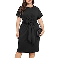 Pinup Fashion Plus Size Dresses for Women Wedding Guest Short Sleeve Tie Front Waist Belted Pencil Work Knee Dress