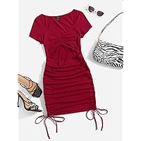 Women's Dress Dresses for Women Drawstring Knot Ruched Cut Out Dress (Color : Burgundy, Size : Medium)