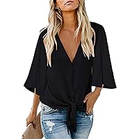 Andongnywell Women's Bell Sleeve Chiffon Blouses Summer Button Down V Neck Tops Casual Loose Tie Knot T-Shirt