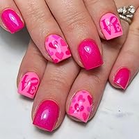 Valentine's Day Press on Nails Short Square Valentines Fake Nails with Love Heart Designs Glue on Nails Glossy Bright Pink False Nail Reusable Full Cover Heart Stick on Nails for Women Girls, 24Pcs