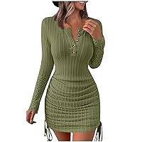 Fall Winter Sexy Sweater Mini Dress for Women,Formal Elegant Long Sleeve Bodycon Smocked Button Down Lace Dress