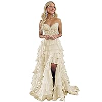 Lace Strapless Corset Prom Dresses with Slit 2024 Long Tiered Ruffle Chiffon Formal Evening Dress for Women Champagne