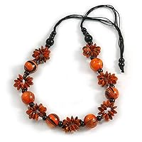 Avalaya Long Orange/Black/Gold Wood Floral Necklace On Black Cotton Cord - 84cm L Adjustable