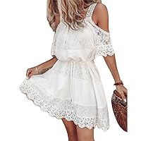 Fashion Summer Casual Cold Shoulder Contrast Lace Dresses Female Clothing Outfits